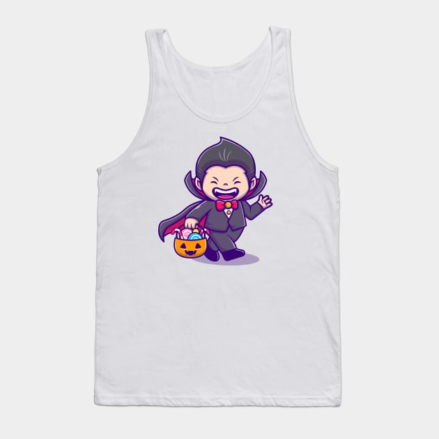 Cute Dracula Holding Pumpkin Basket With Candy Cartoon Tank Top by Catalyst Labs